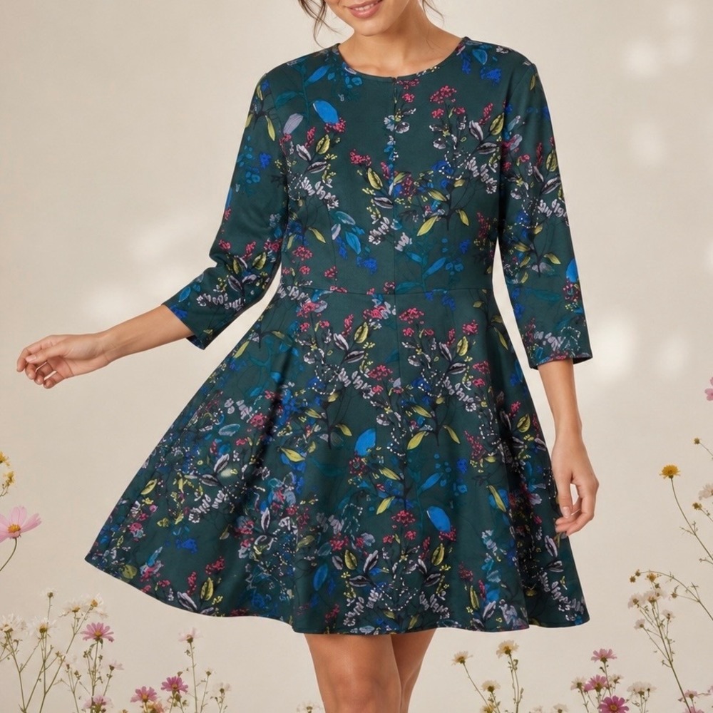 Banana Republic Green Floral Fit Flare Dress 6 Botanical Forest Fairy‎ Whimsical